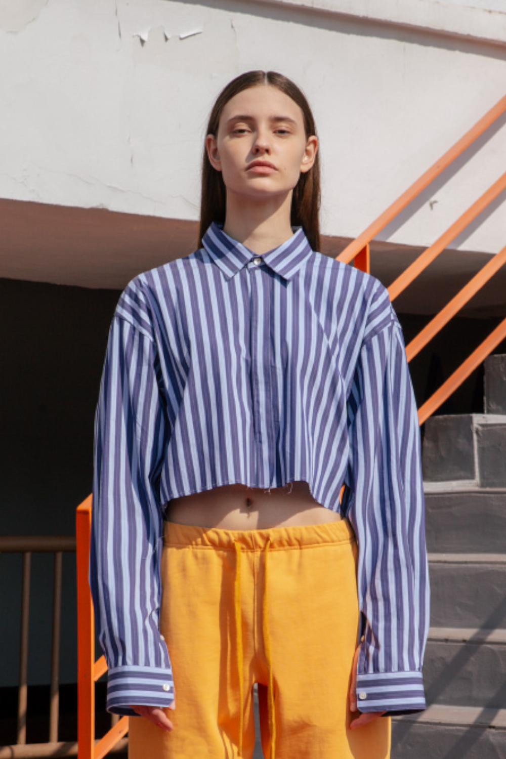 [Italy Fabric]Navy Stripe Crop Over Shirt