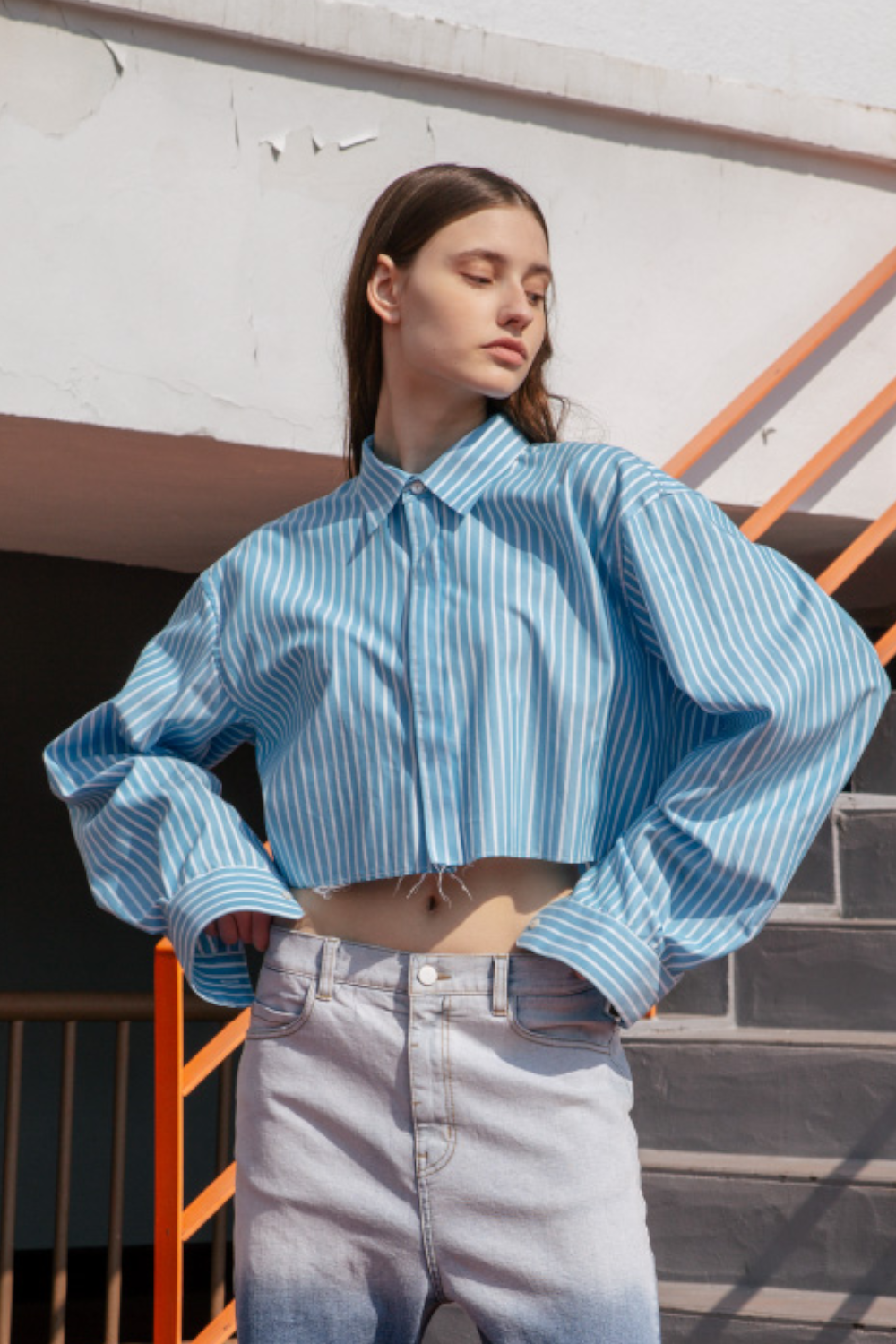 [Italy Fabric]Skyblue Stripe Crop Over Shirt