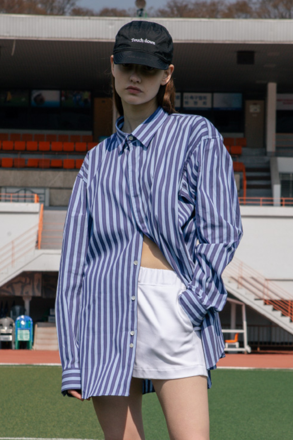 [Italy Fabric]Navy Stripe Maxi Over Shirt
